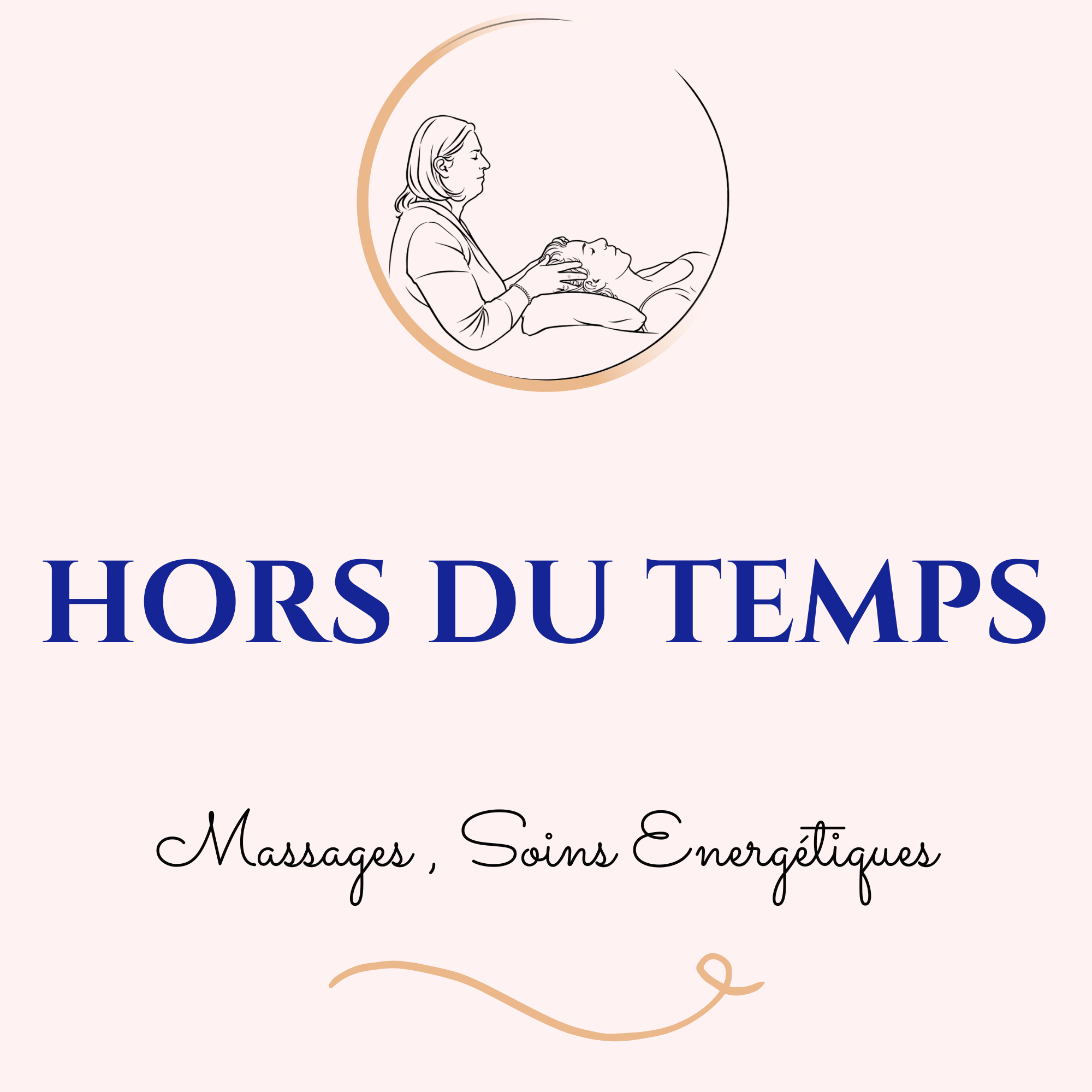 image logo du salon de massage Hors du Temps situé à Ezy-sur-Eure 27530, proche des Yvelines 78. L'image du logo représente une femme qui fait un soin énergétique par le magnétisme à une autre femme.